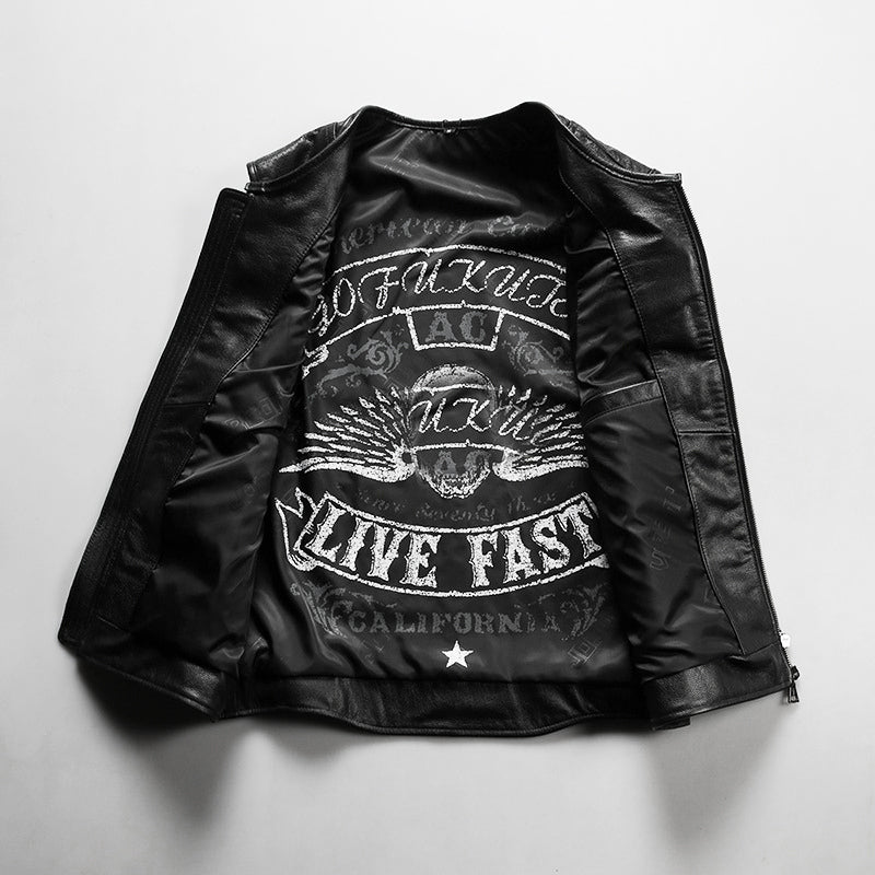 Striped Sew Double-Open Cowhide Leather Vest