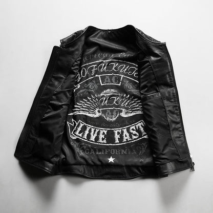 Striped Sew Double-Open Cowhide Leather Vest