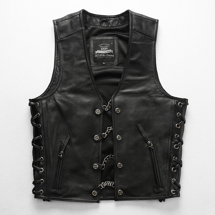 V-Neck Chain Genuine Leather Vest