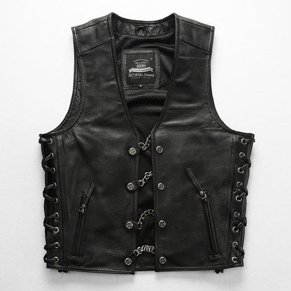 V-Neck Chain Genuine Leather Vest