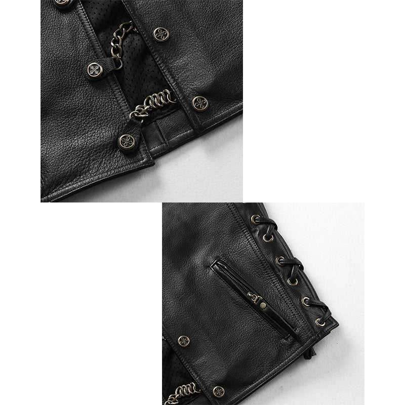 V-Neck Chain Genuine Leather Vest