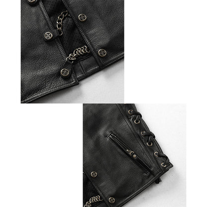 V-Neck Chain Genuine Leather Vest