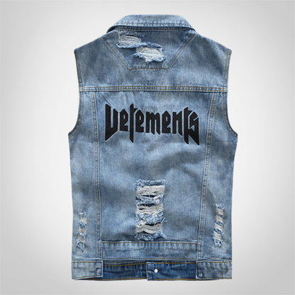 Printed Blue Ripped Denim Vest