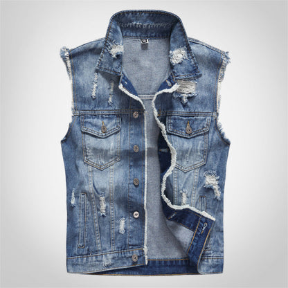 Patch Back Ripped Edges Denim Vest