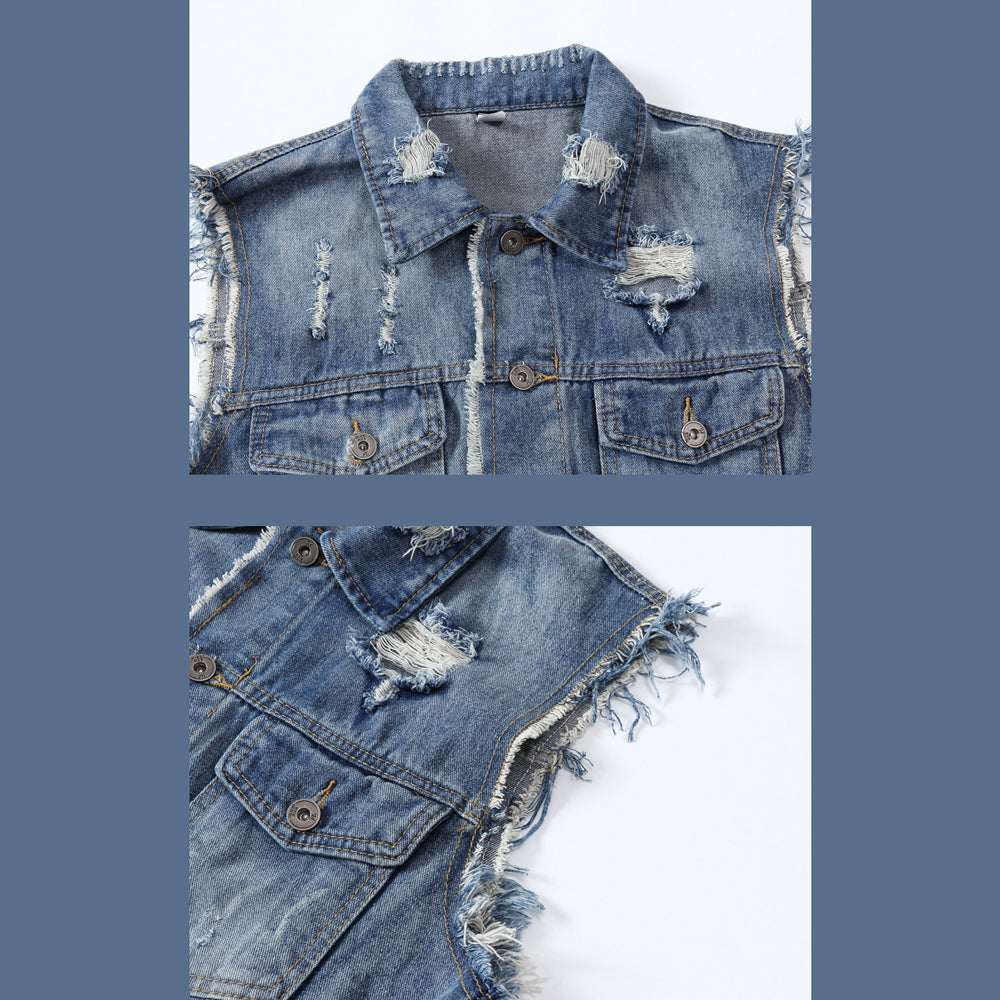 Patch Back Ripped Edges Denim Vest
