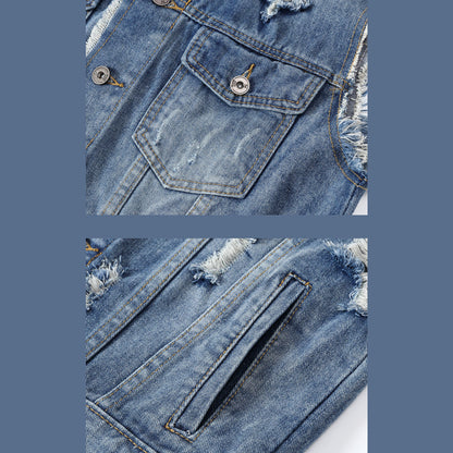 Patch Back Ripped Edges Denim Vest