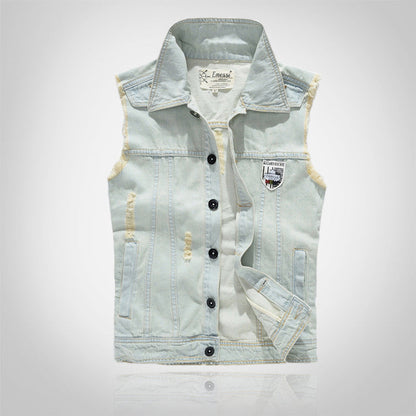 Badge-decorated Light Denim Vest