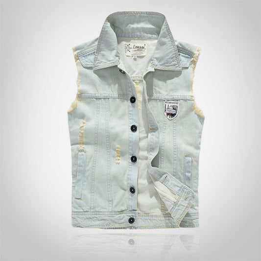 Badge-decorated Light Denim Vest