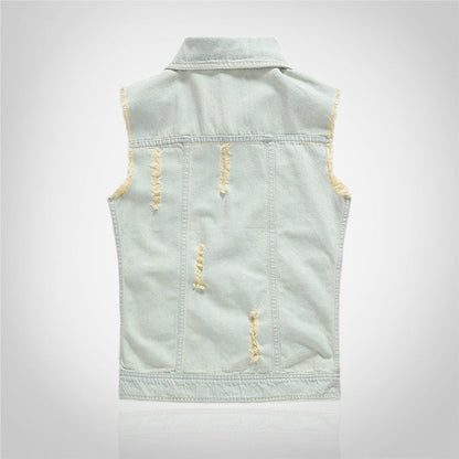 Badge-decorated Light Denim Vest