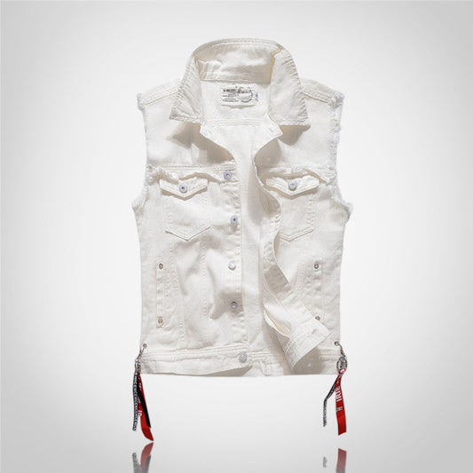 White Denim Vest With Ribbons