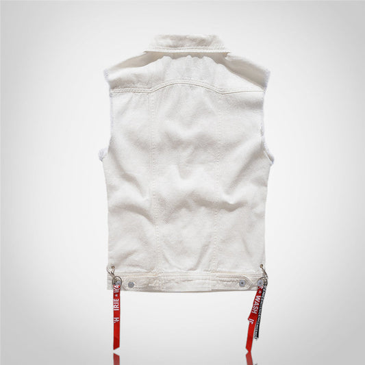 White Denim Vest With Ribbons