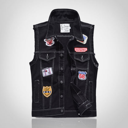 Black Embroidered Patch Denim Vest