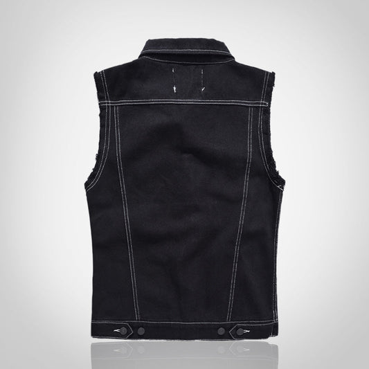Black Embroidered Patch Denim Vest
