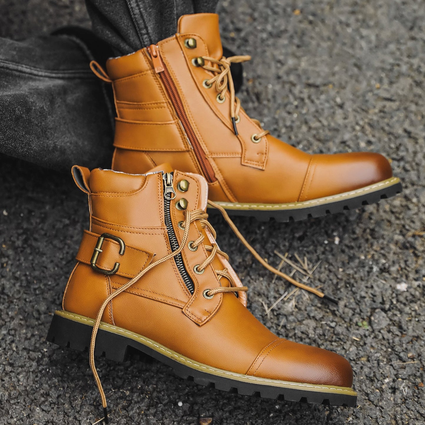 Men's Leather Two Zippers Motorcycle Boots