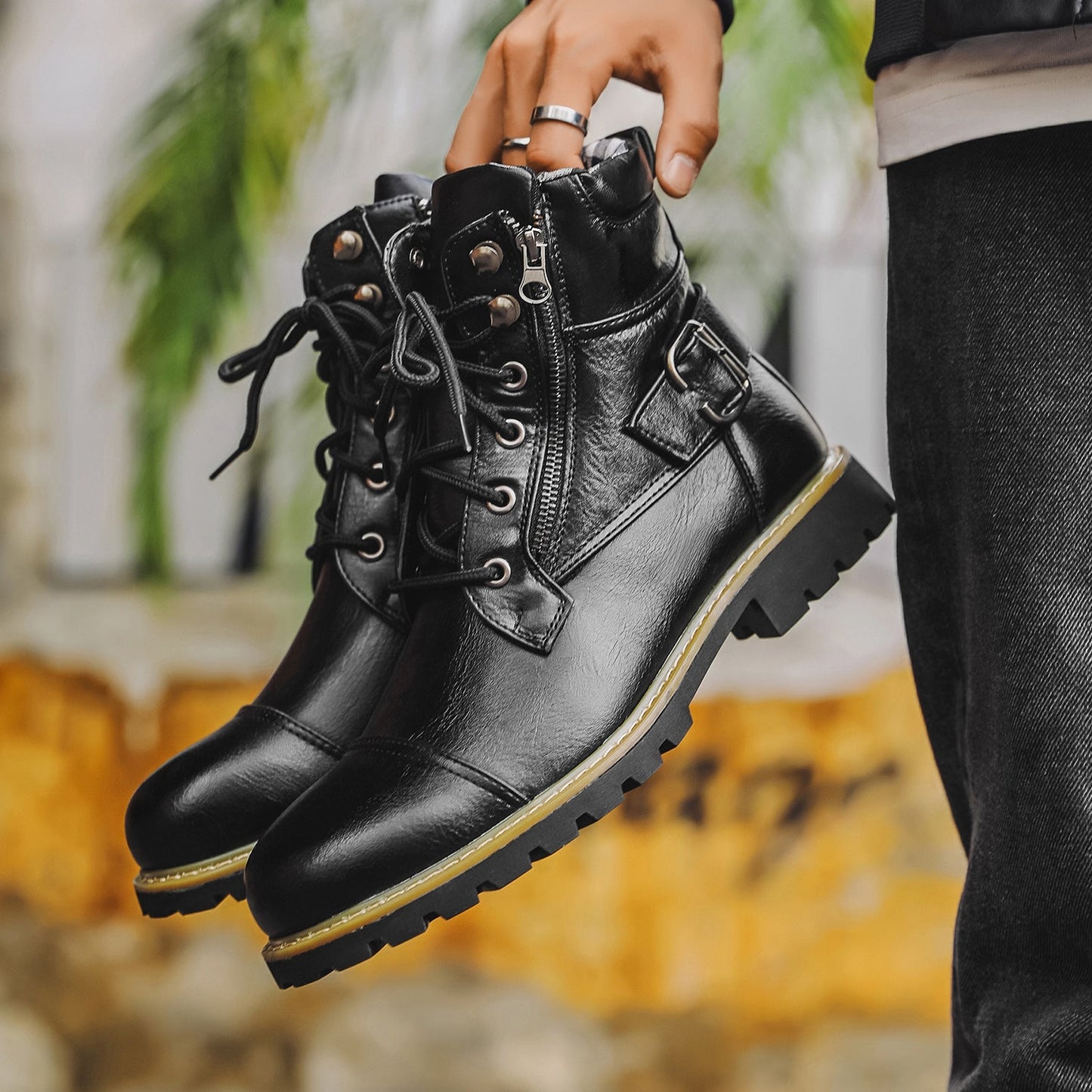 Men's Leather Two Zippers Motorcycle Boots