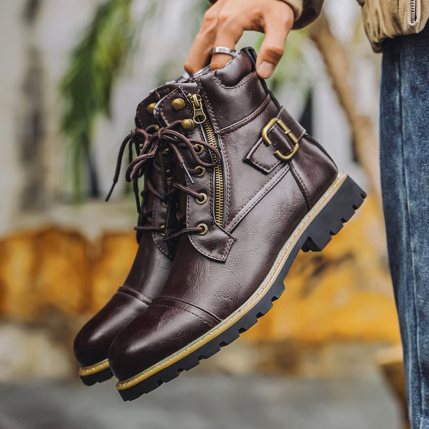 Men's Leather Two Zippers Motorcycle Boots