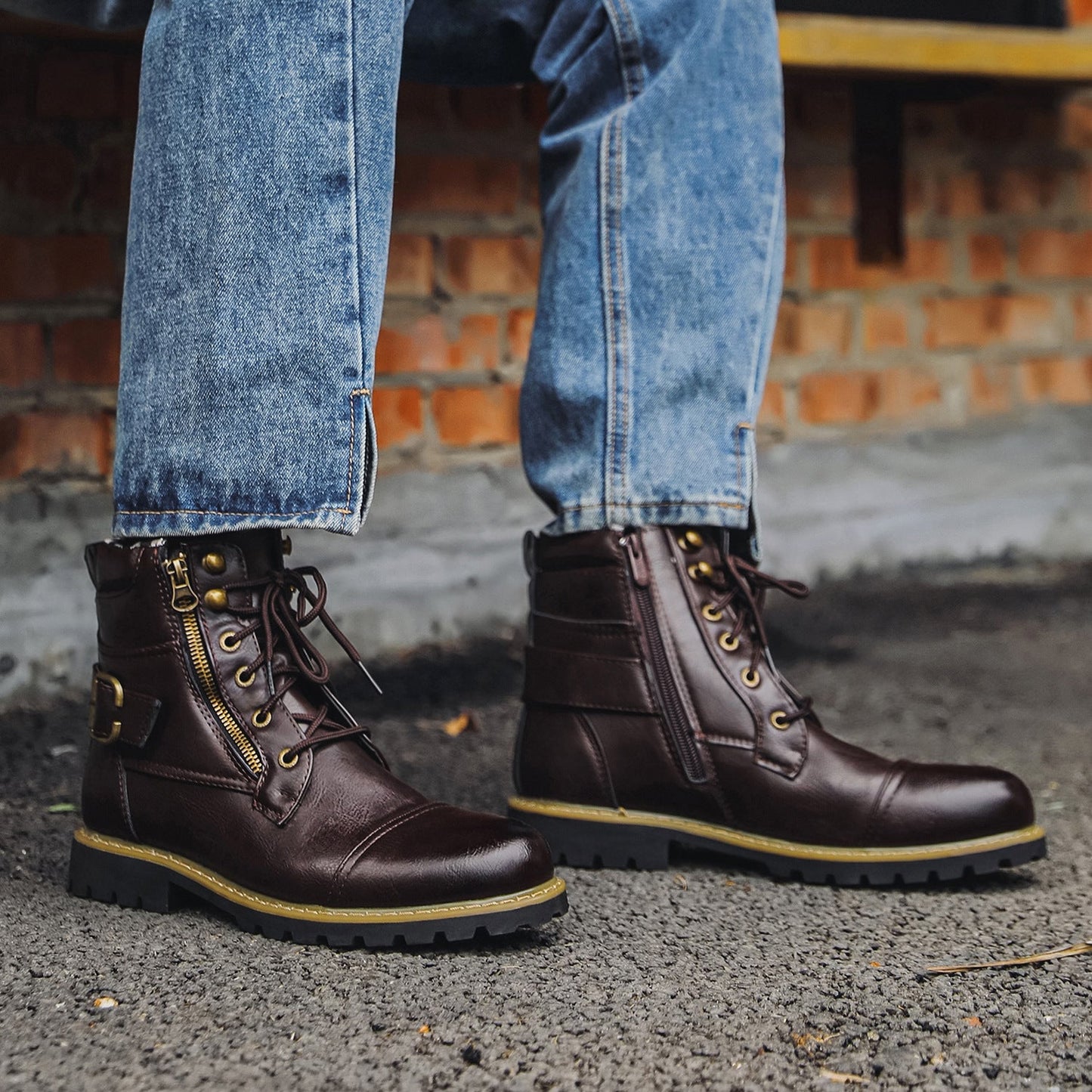 Men's Leather Two Zippers Motorcycle Boots