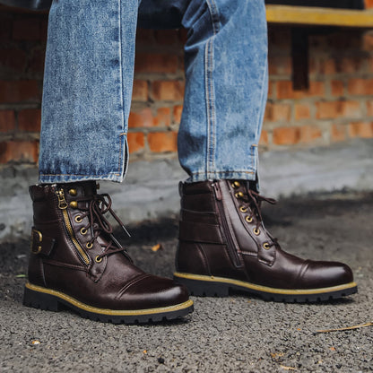 Men's Leather Two Zippers Motorcycle Boots