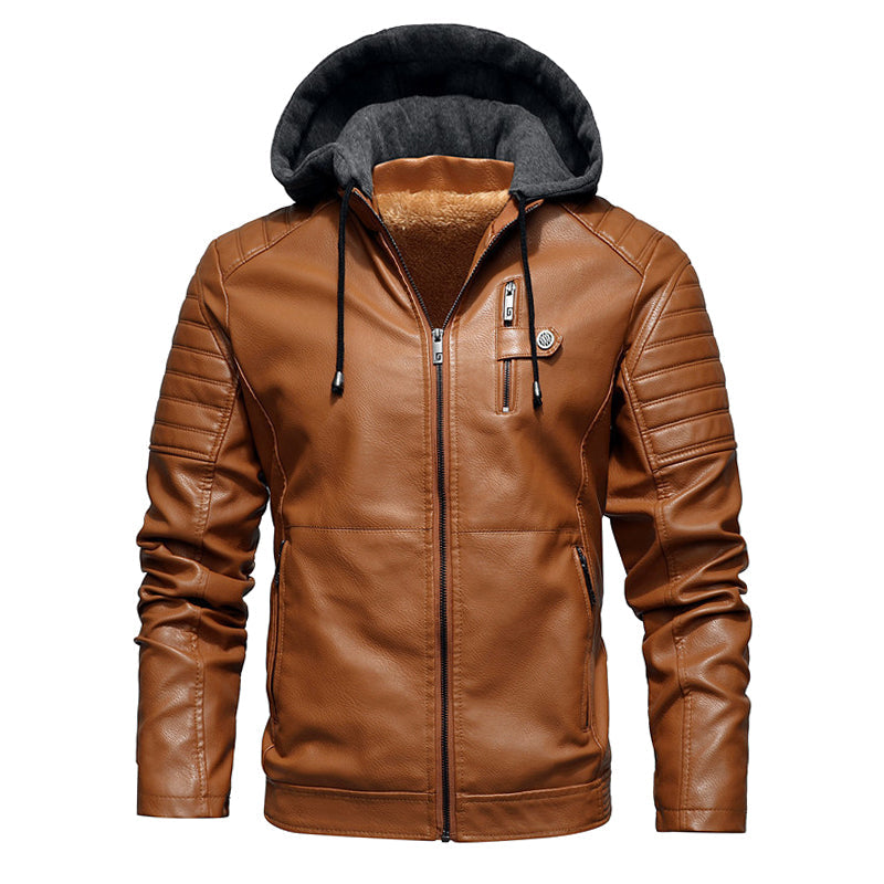 Men's Leather Coat with Removable Hood