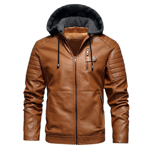 Men's Leather Coat with Removable Hood