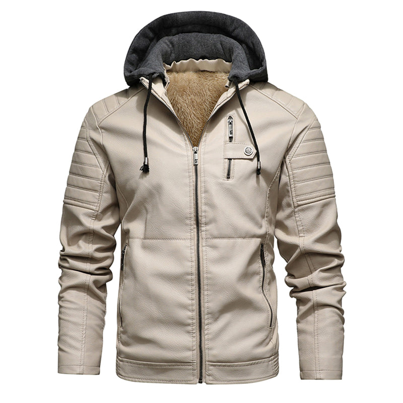 Men's Leather Coat with Removable Hood
