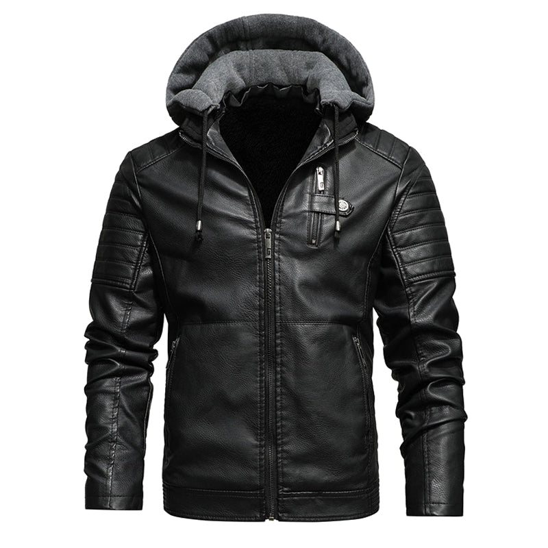 Men's Leather Coat with Removable Hood