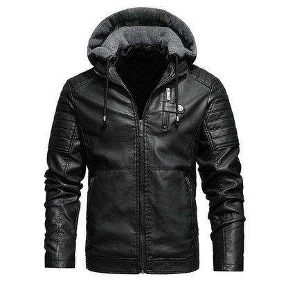 Men's Leather Coat with Removable Hood