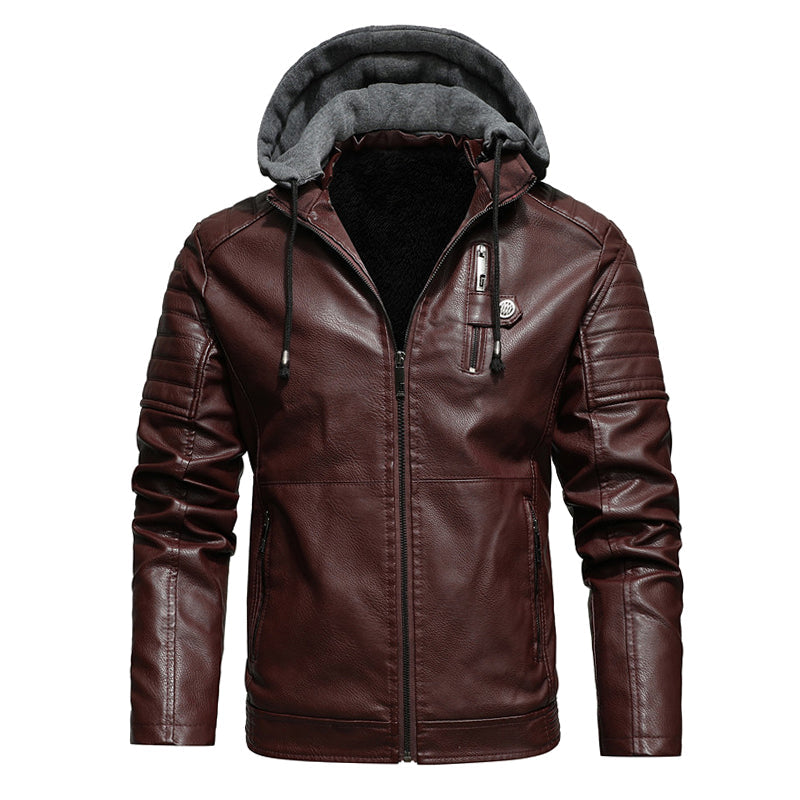 Men's Leather Coat with Removable Hood