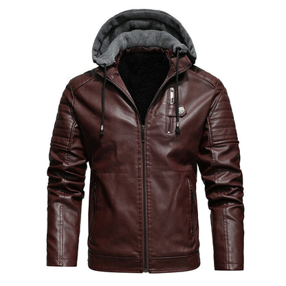 Men's Leather Coat with Removable Hood