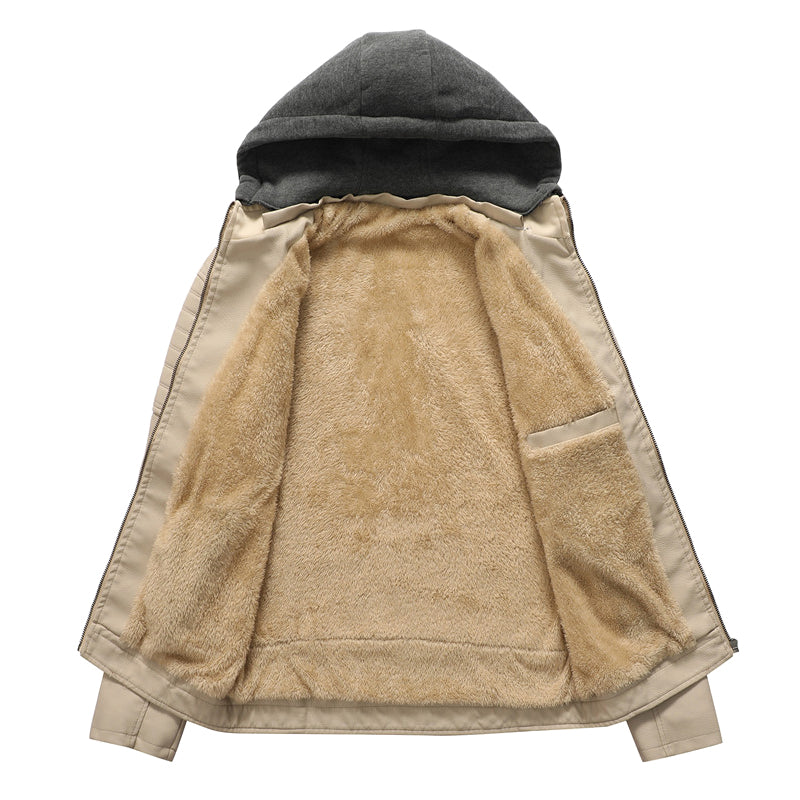 Men's Leather Coat with Removable Hood