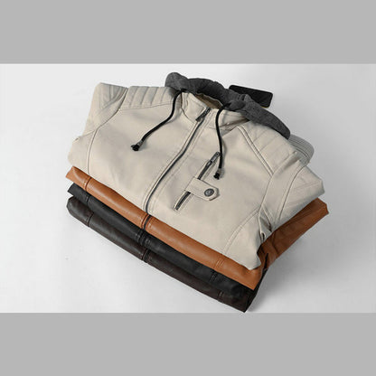 Men's Leather Coat with Removable Hood