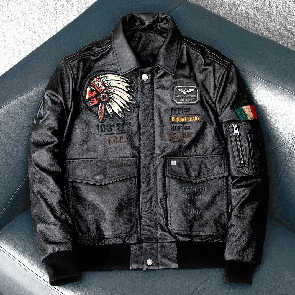 Men's Embroidered Bomber Flight Leather Jacket