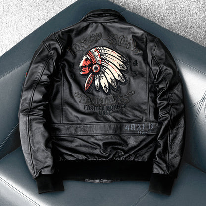 Men's Embroidered Bomber Flight Leather Jacket