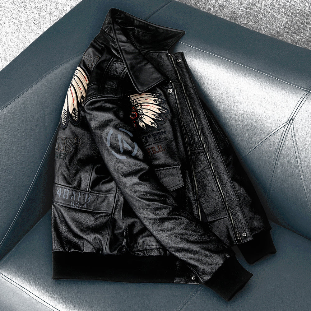 Men's Embroidered Bomber Flight Leather Jacket