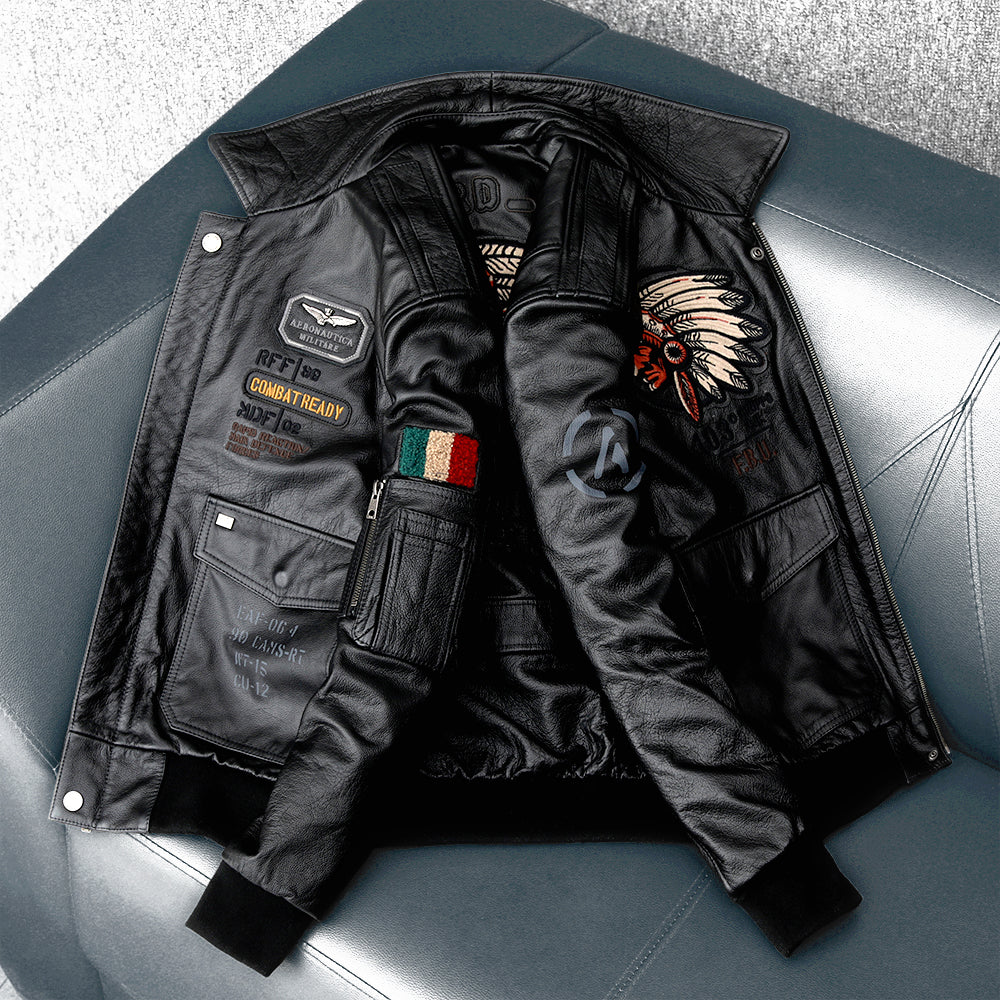 Men's Embroidered Bomber Flight Leather Jacket