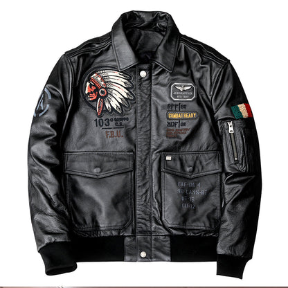 Men's Embroidered Bomber Flight Leather Jacket