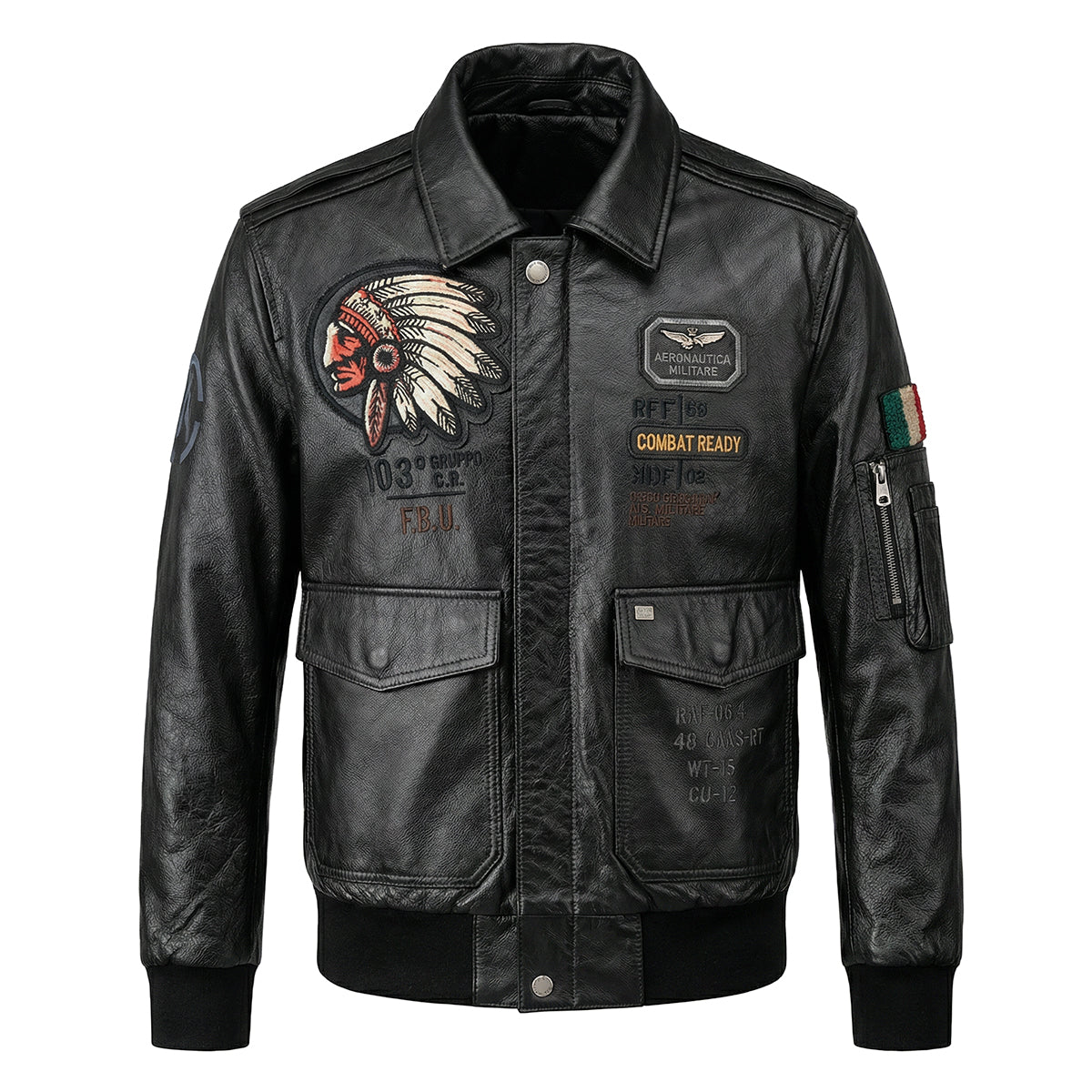 Men's Embroidered Bomber Flight Leather Jacket