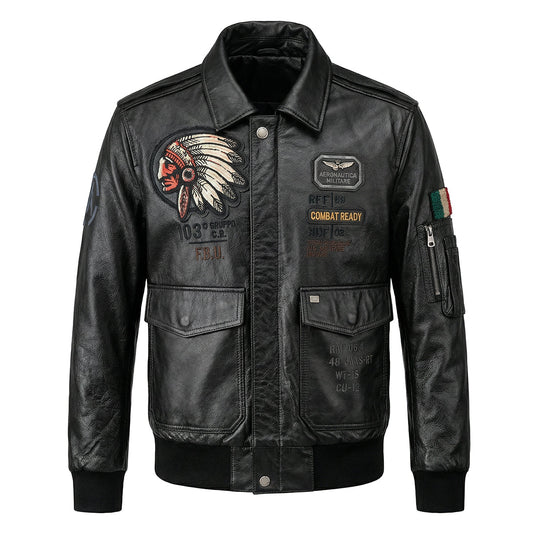 Men's Embroidered Bomber Flight Leather Jacket