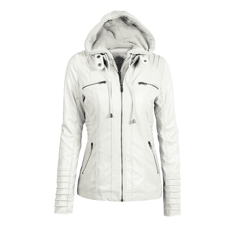 Women's Leather Moto Jacket with Hood