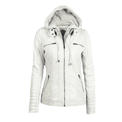 Women's Leather Moto Jacket with Hood