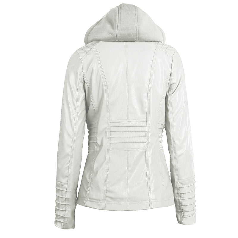 Women's Leather Moto Jacket with Hood