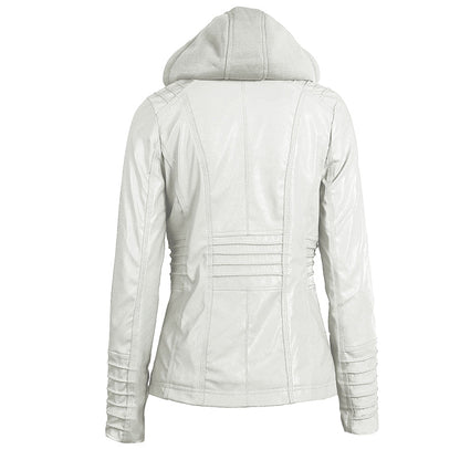 Women's Leather Moto Jacket with Hood