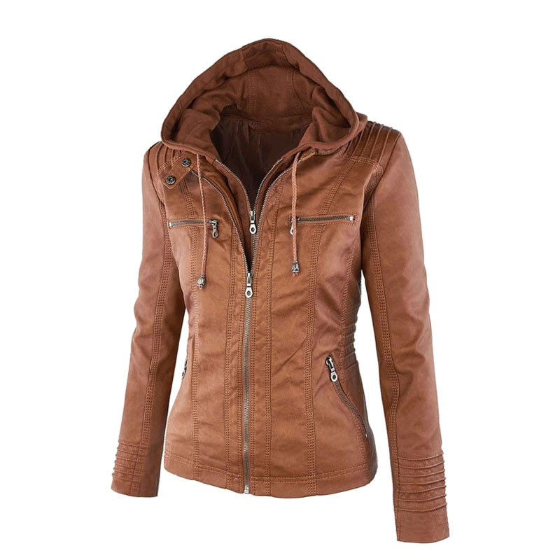 Women's Leather Moto Jacket with Hood