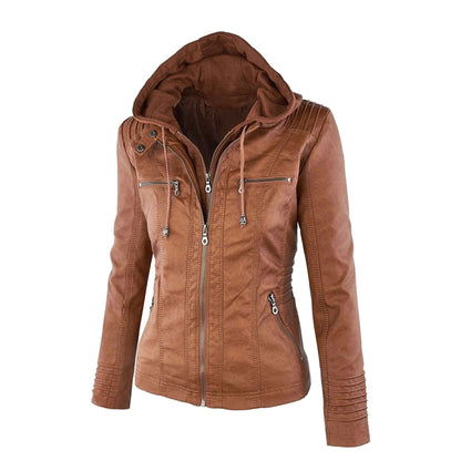 Women's Leather Moto Jacket with Hood