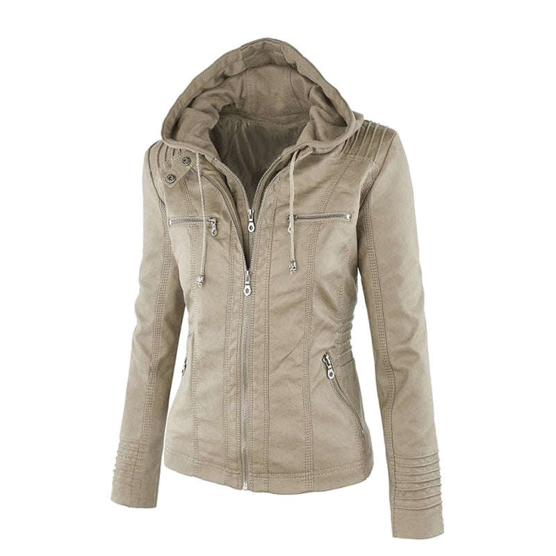 Women's Leather Moto Jacket with Hood