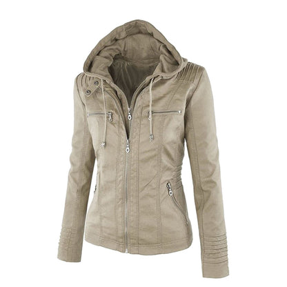 Women's Leather Moto Jacket with Hood
