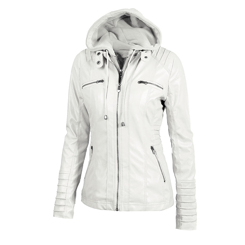 Women's Leather Moto Jacket with Hood