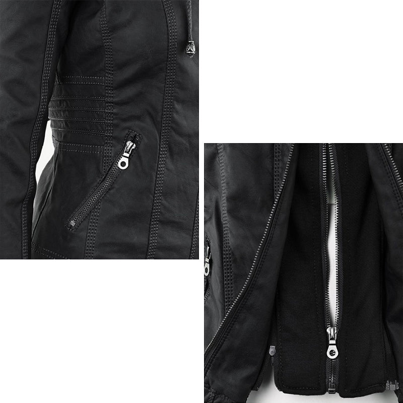 Women's Leather Moto Jacket with Hood
