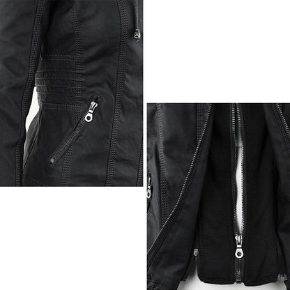 Women's Leather Moto Jacket with Hood