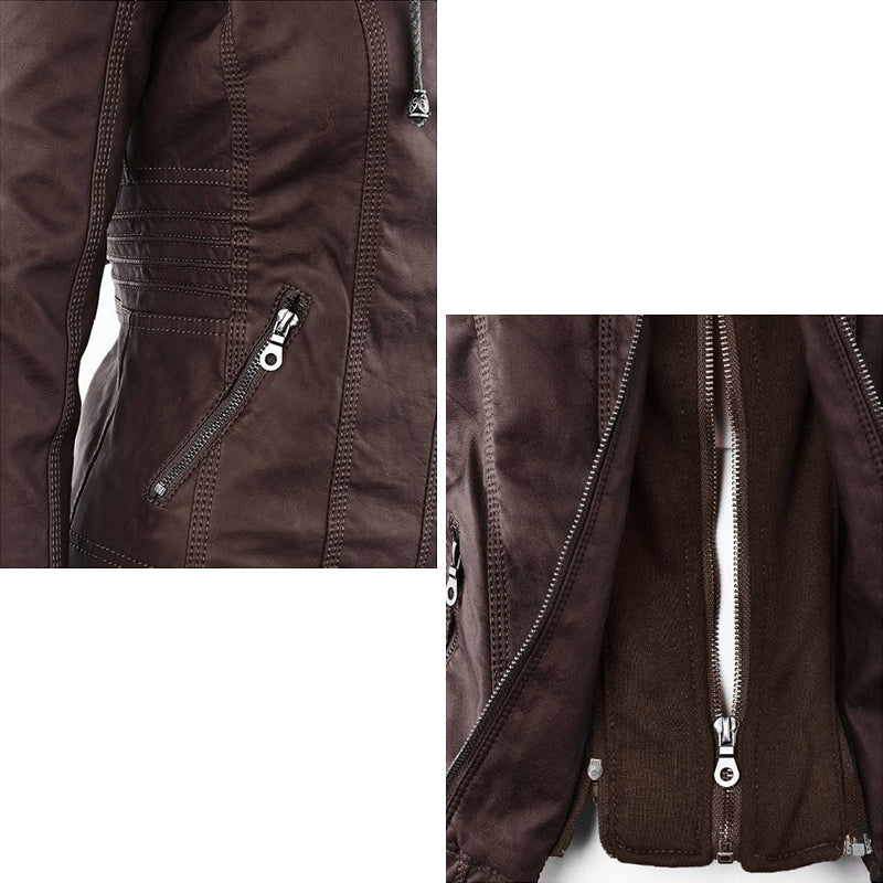 Women's Leather Moto Jacket with Hood
